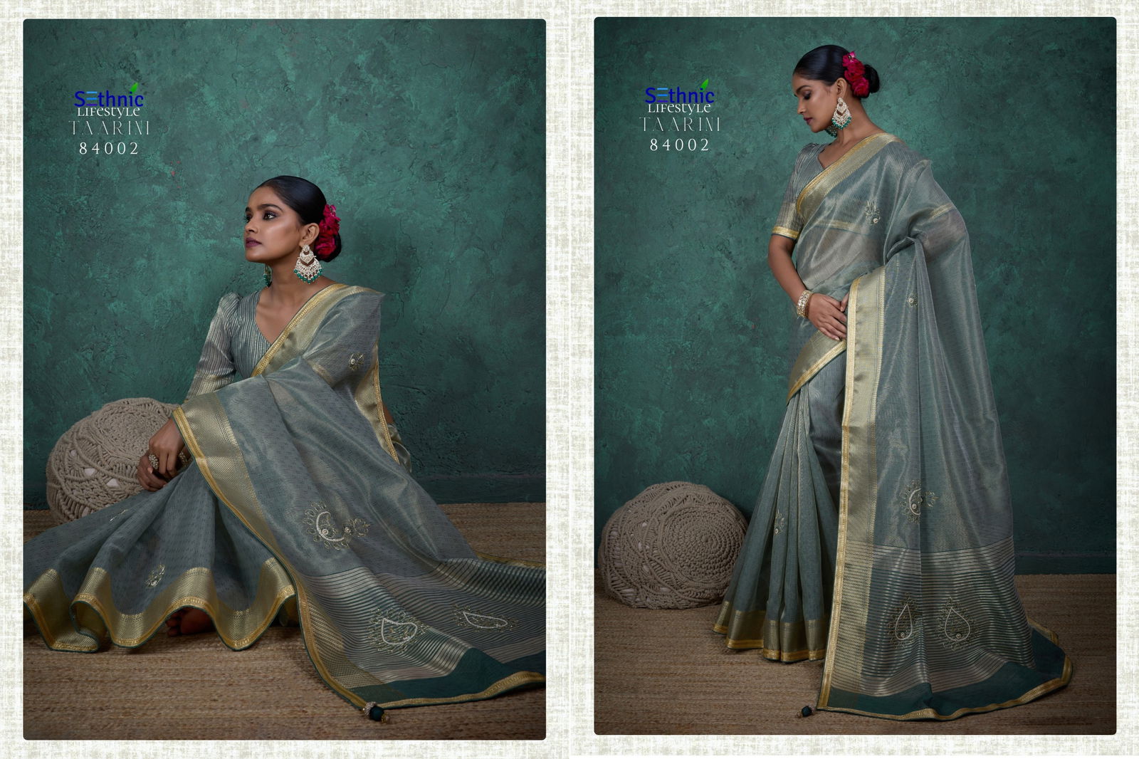 Tarini By Sethnic Self Work Linen Tissue Ocassion Saree Exporters In India
